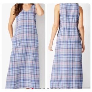 J. Jill 100% Linen Blue and Pink Plaid Maxi Dress
